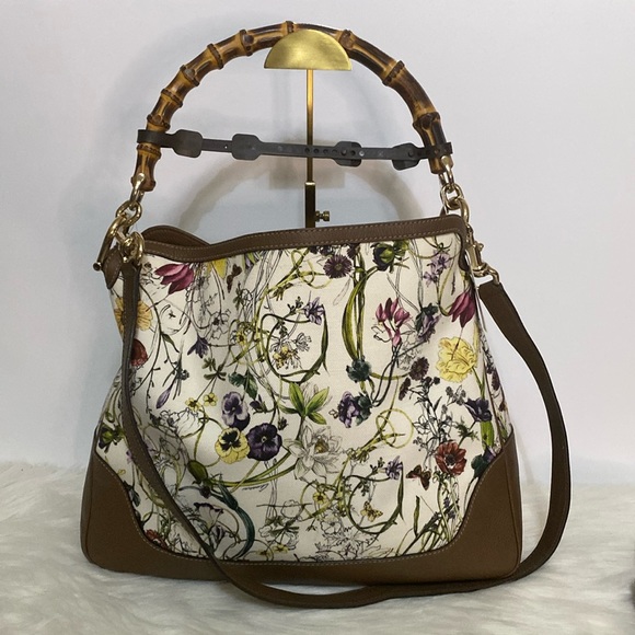 Gucci Bamboo White Floral Canvas Two Way Tote Bag - Picture 7 of 17